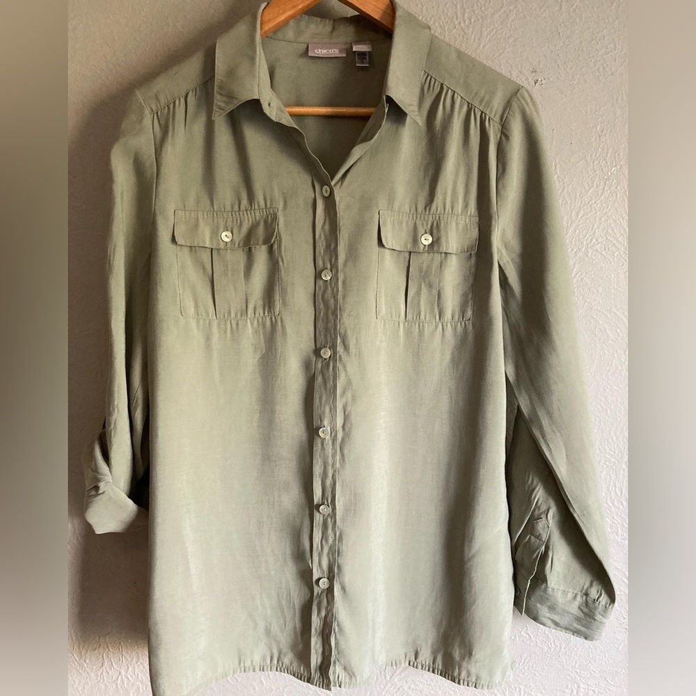 Chico's Sage green blouse with shell buttons